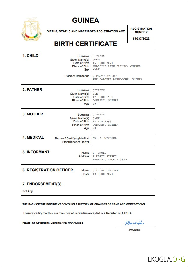 Modèle Word et PDF d'acte de naissance d'acte d'état civil en Guinée